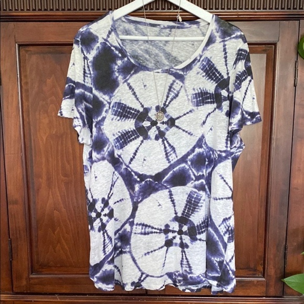 Majestic Paris for Neiman Marc 100 Linen Knit Jersey T Shirt Indigo Tie Dye L